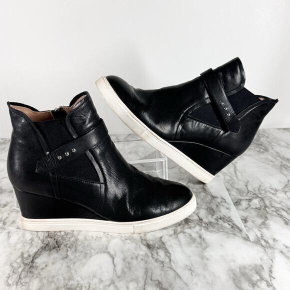 Linea Paolo Freshton Womens 8 M Wedge Heel Side Zip Sneaker Boot Black Leather - Picture 1 of 10